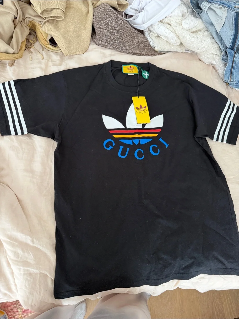 Gucci Adidas Black Crewneck Tee with Multicolor Logo